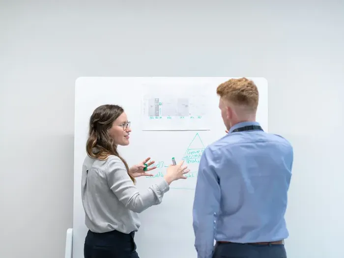 Two colleagues discussing a plan at a whiteboard in bright office, showing Local Service Link guidance and support